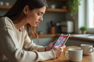 Femme jouant à 4 images 1 mot sur smartphone, cherchant un mot de 9 lettres sur une appli de puzzle