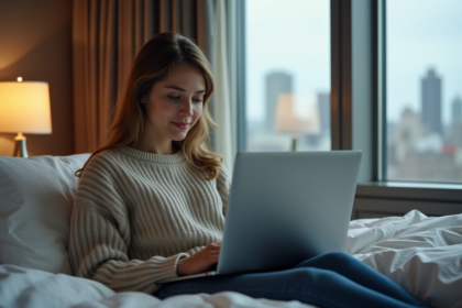 Femme assise sur un lit d'hôtel avec son ordinateur portable