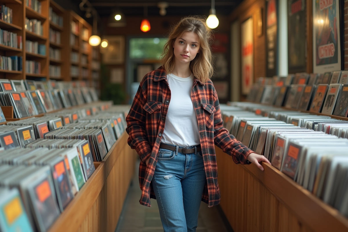 Jeune femme avec flanelle dans un disquaire vintage
