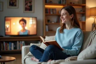 Jeune femme consultant une liste de films Disney sur son canapé avec des DVD et une télévision en fond