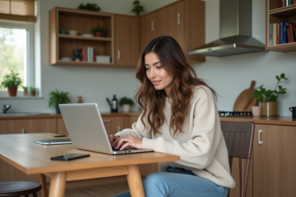 Jeune femme utilisant un ordinateur portable dans un appartement lumineux