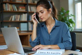 Jeune femme en blouse bleue utilisant son smartphone et son ordinateur