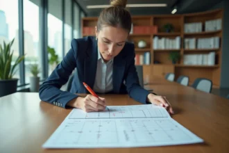 Femme professionnelle entourant les semaines impaires sur un calendrier papier dans un bureau moderne