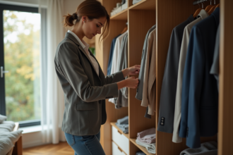 Femme choisissant une tenue dans un dressing moderne