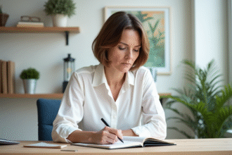 Femme organisée écrivant dans un planner dans un bureau moderne