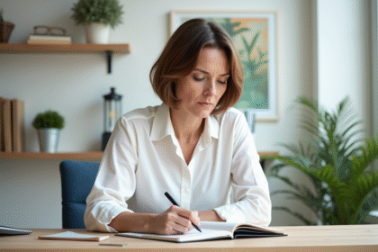 Femme organisée écrivant dans un planner dans un bureau moderne