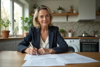 Femme concentrée dans sa cuisine moderne avec documents