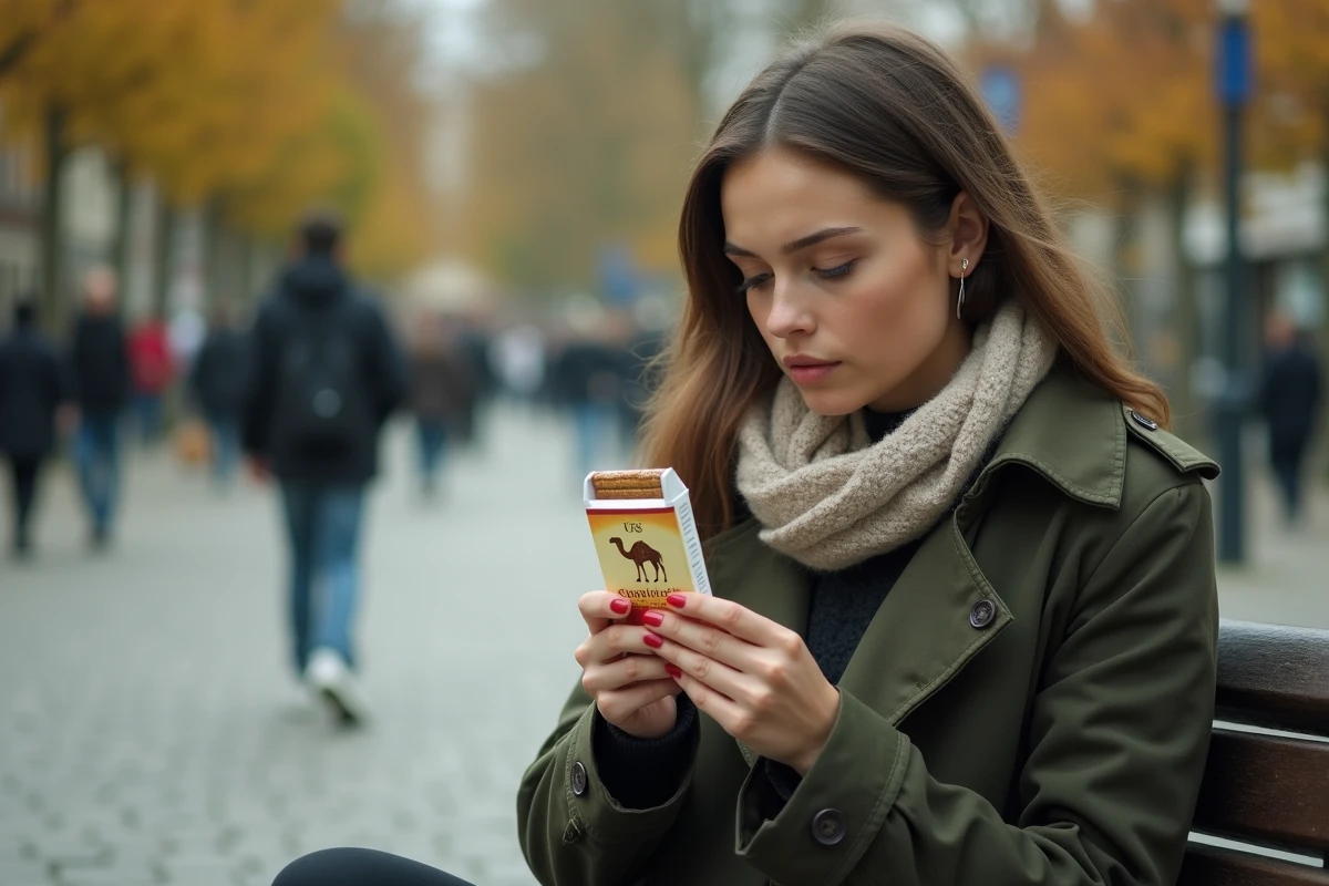 Jeune femme examinant un paquet de cigarettes Camel sur une place publique de Luxembourg en automne