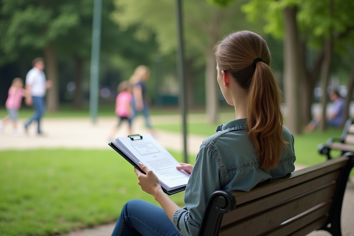Femme seule sur un banc de parc contemplant des enfants
