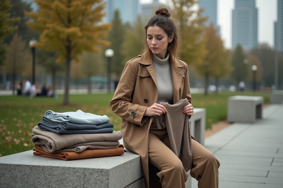 Femme assise dans un parc urbain triant une garde-robe capsule