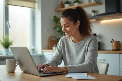 Femme tapant un avis client sur son ordinateur portable à une table de cuisine en bois, illustrant le concept de rentabilité des avis en ligne