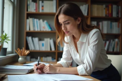 Femme pensant à un document dans un bureau lumineux