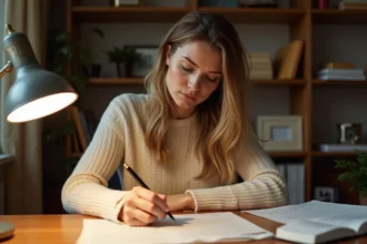 Femme relisant un brouillon de lettre manuscrite à son bureau en bois dans un bureau à domicile chaleureux
