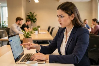 Professionnelle relisant un e-mail professionnel sur un ordinateur portable dans un bureau moderne pour corriger des formules de politesse incorrectes