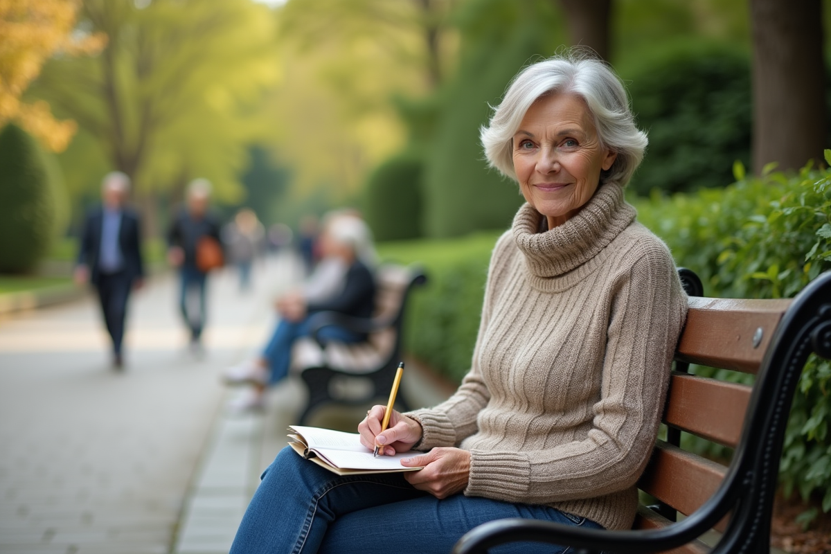 Femme âgée prenant des notes dans un parc