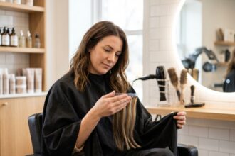 Femme en salon de coiffure tenant des extensions adhésives dans la main pour choisir la bonne solution capillaire