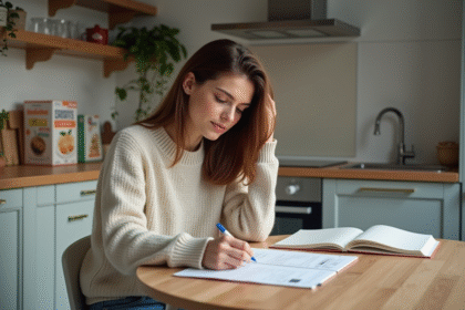 Jeune femme signant des documents dans une cuisine moderne