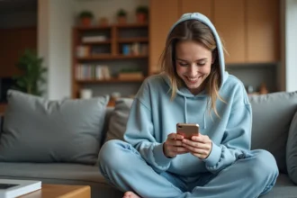 Jeune femme souriante utilisant l'application Monopoly Go sur son smartphone dans un appartement moderne