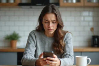 Femme regardant son smartphone avec une expression perplexe, illustrant un problème de SMS bloqué sur Android