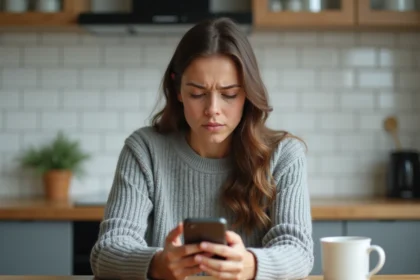 Femme regardant son smartphone avec une expression perplexe, illustrant un problème de SMS bloqué sur Android