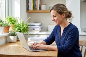 Femme souriante travaillant sur son ordinateur dans une cuisine lumineuse