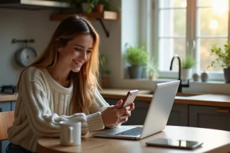 Jeune femme souriante avec smartphone et ordinateur pour stratégie Monopoly
