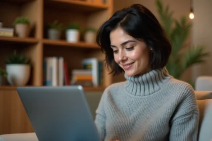 Femme naviguant sur un site de streaming de films du jour depuis son canapé avec un ordinateur portable
