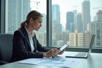 Jeune femme en bureau avec tablette et graphiques économiques