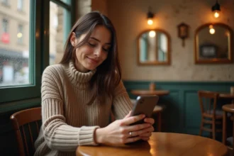 Femme timide seule dans un café parisien regardant son smartphone pour trouver l'amour sur un site de rencontre gratuit