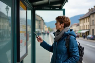 Femme regardant l'horaire du tram à Grenoble