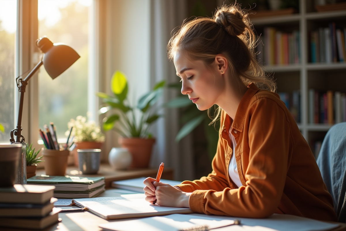 Jeune femme créative concentrée dans son espace de travail