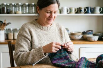 Femme tricotant une écharpe colorée dans une cuisine chaleureuse