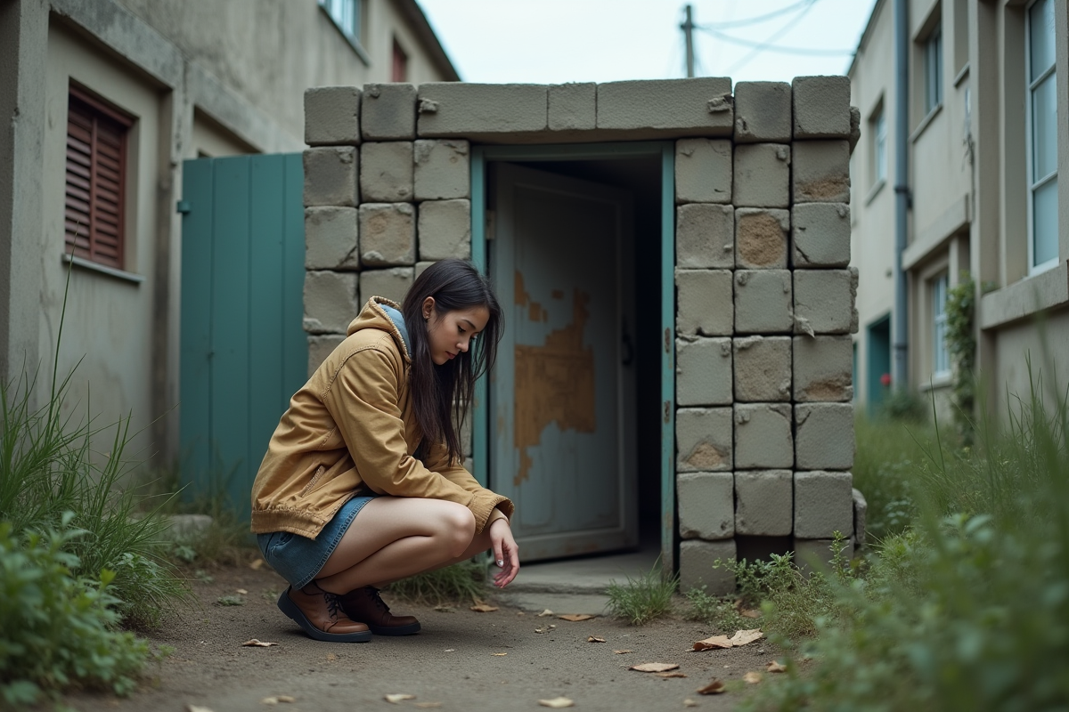 Jeune femme inspectant une maison urbaine en parpaings
