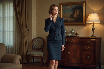 Femme élégante en tailleur 1940s près d'un meuble vintage