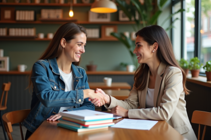 Deux femmes souriantes échangent des produits dans un café