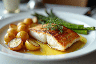Filet de mer rôti avec pommes de terre et asperges
