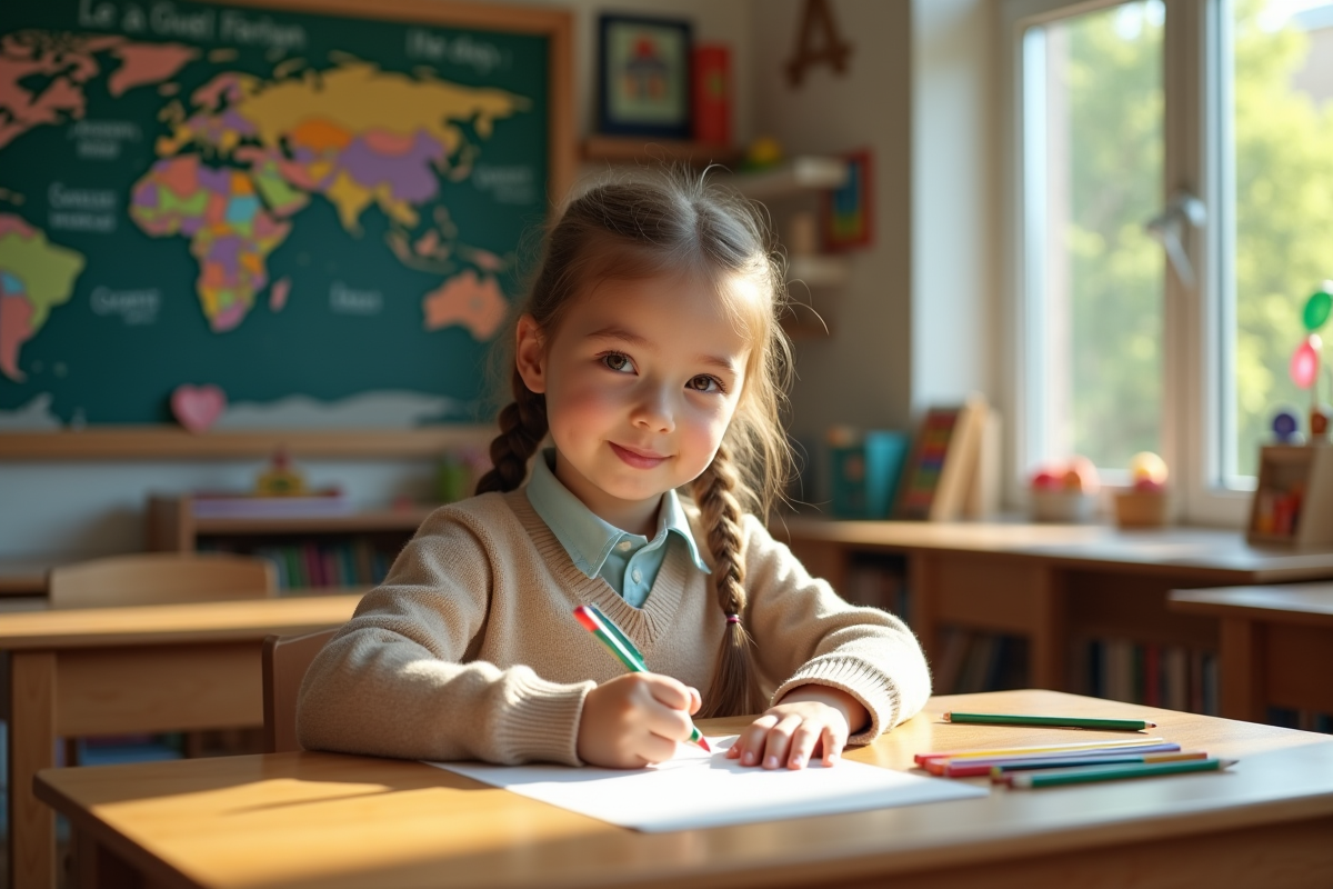 Jeune fille dessinant à son bureau en classe lumineuse
