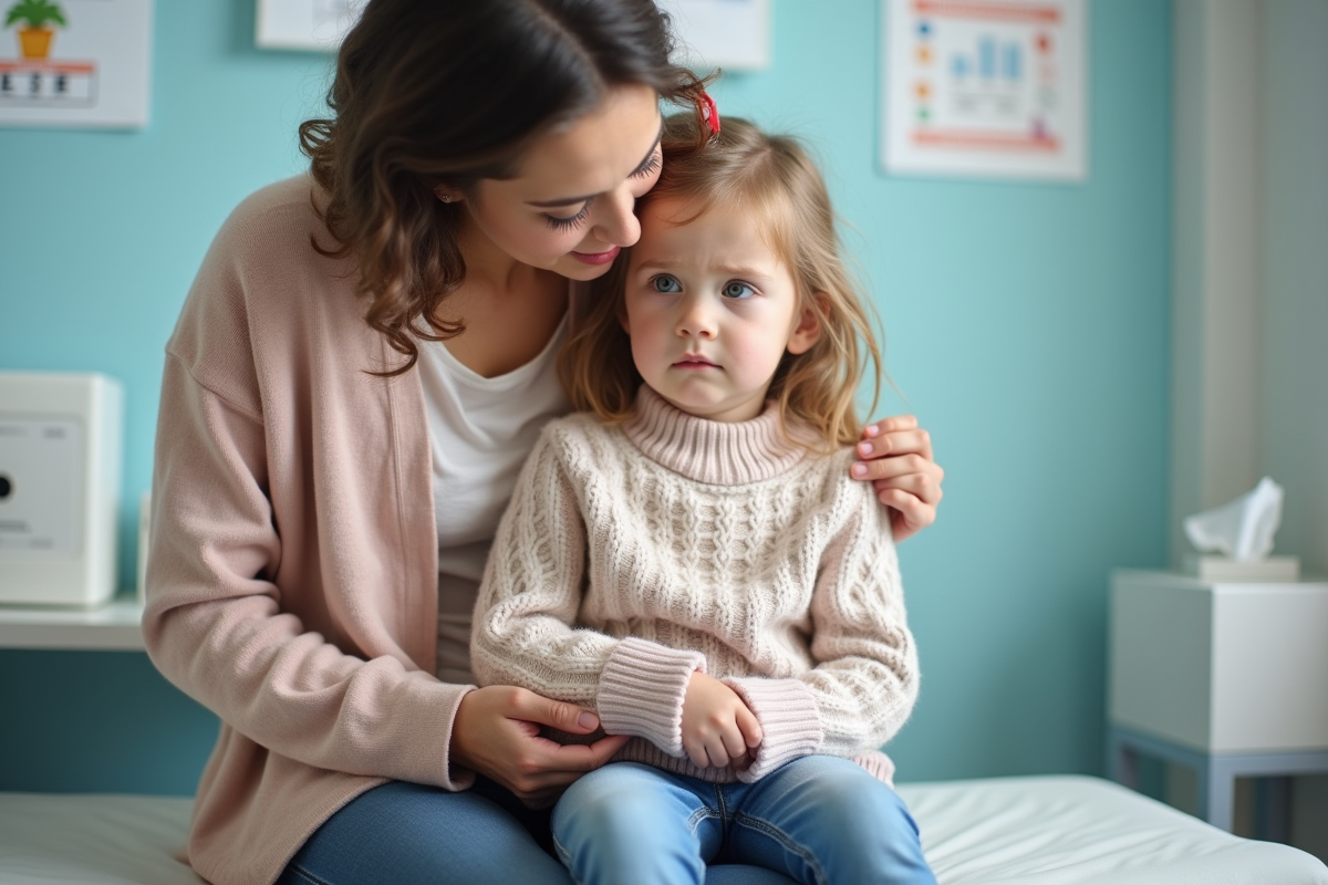 Fille calme sur le genou de sa mère chez le pédiatre