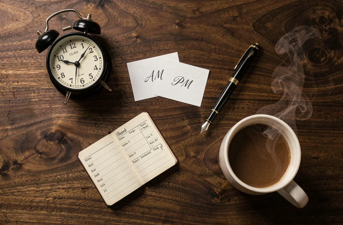 Vue aérienne d'une horloge, de cartes AM PM et d'un agenda pour illustrer la gestion du temps