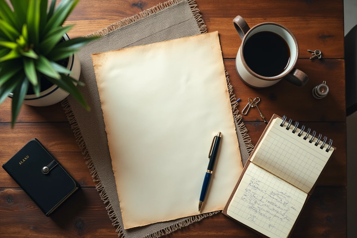 Vue aérienne d'une lettre imprimée, d'un stylo plume et d'un carnet sur une table en bois rustique pour illustrer la rédaction de courrier