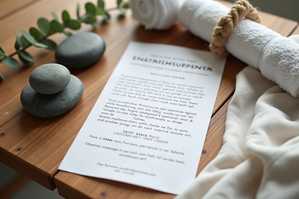 Flyer de petite annonce pour un service de massage posé sur une table en bois avec accessoires de bien-être