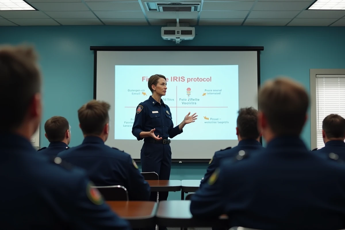 Instructrice pompier donnant un cours théorique sur le protocole IRIS devant un groupe de sapeurs-pompiers en formation
