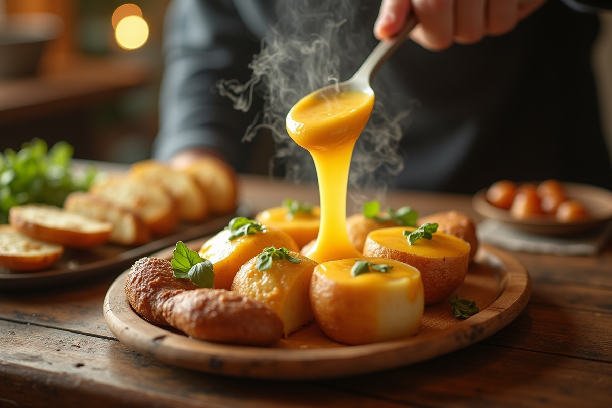 Personne versant fromage raclette fondu sur pommes de terre