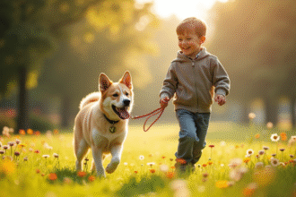 Jeune garçon jouant avec son chien dans un parc en fleurs