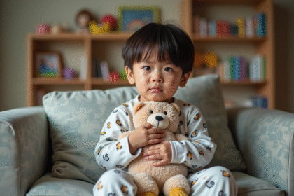 Jeune garçon en pyjama avec peluche dans le salon