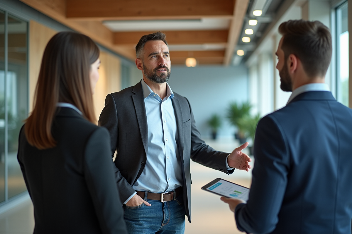 Manager en intérieur avec écran tactile dans bureau rénové