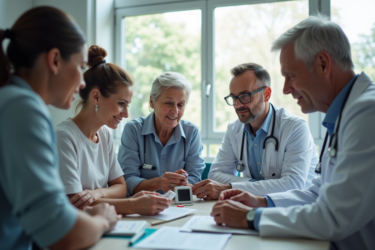 Groupe d adultes en consultation médicale avec un docteur et un moniteur de glucose