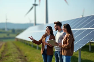 Groupe d'adultes devant une installation solaire et éolienne