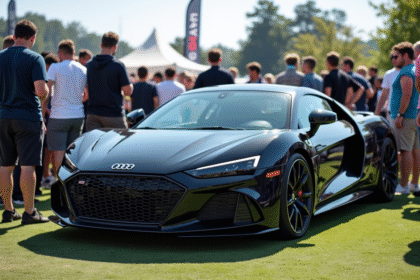 Groupe d'enthousiastes automobiles autour d'une voiture neuve