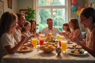 Groupe d'adultes et enfants riant autour d'une table conviviale